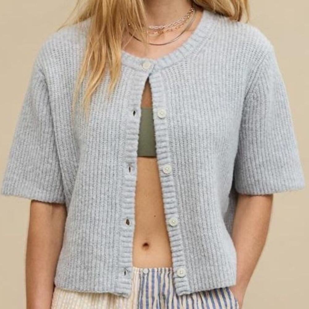 Aerie (XL) Grey Ribbed Short Sleeve Button Front Cardigan Cropped Sweater